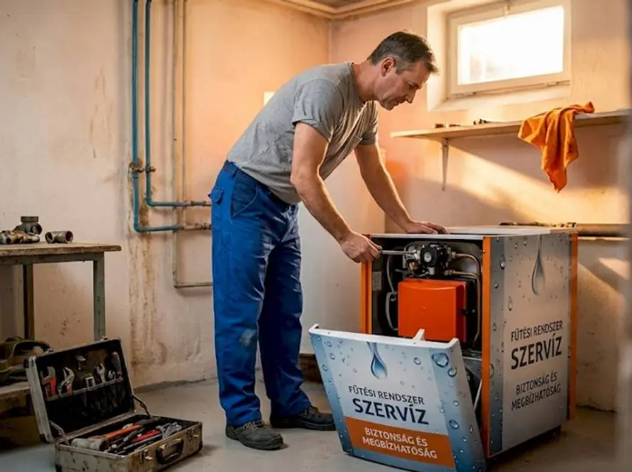 A szerelő épp a kazánt vizsgálja a pincében.