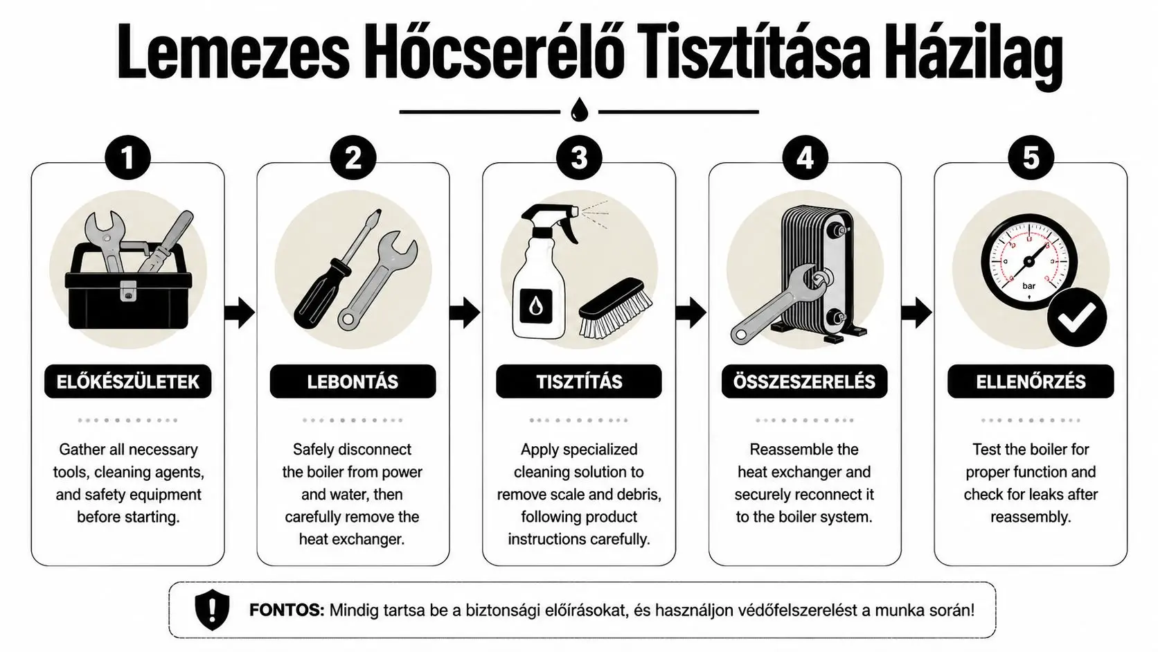Lemezes hőcserélő tisztításának öt lépésből álló folyamata útmutatókkal a kazán karbantartásához és otthoni szereléséhez.