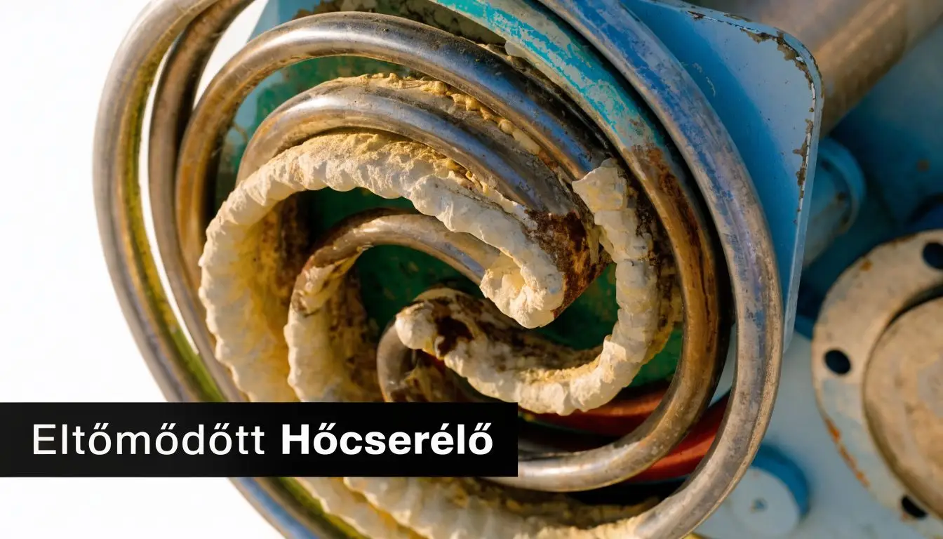 Súlyosan elvízkövesedett, lerakódásokkal teli spirális hőcserélő csövek egy ipari berendezés belsejében, karbantartás vagy tisztítás előtt.