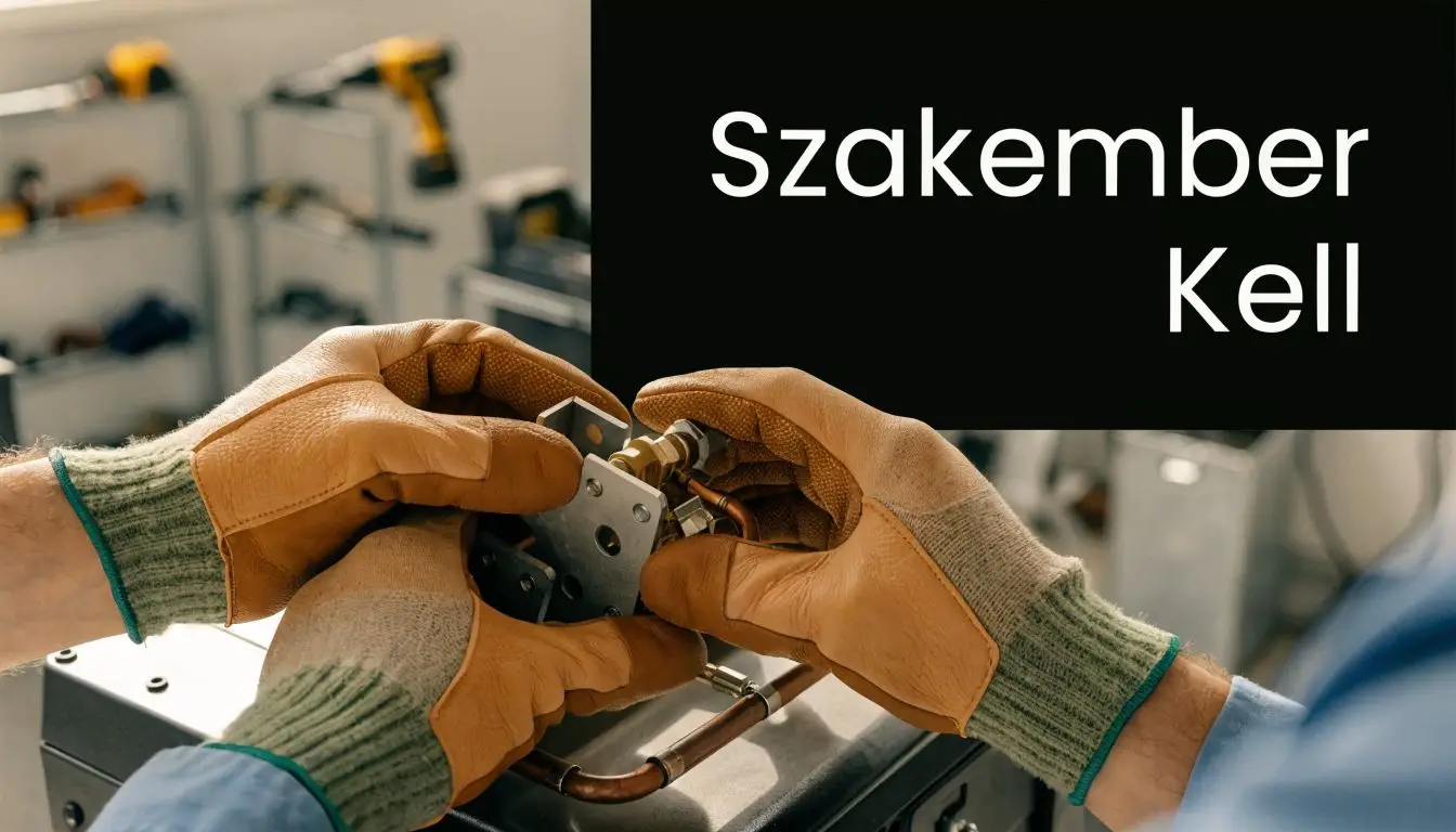 Szerelő kezei munkavédelmi kesztyűben egy kazán alkatrészt szerelnek a műhelyben, miközben háttérben szerszámok láthatóak.