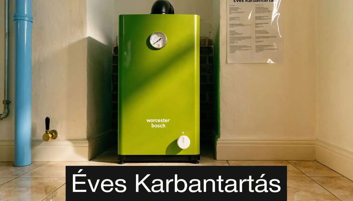 Egy élénkzöld színű Worcester Bosch kazán a fal mellett, amely éves karbantartást igénylő gépészeti berendezés.