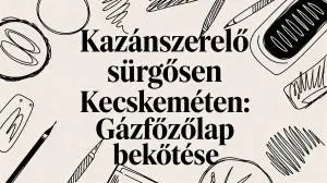 Decorative poster with large bold Hungarian text surrounded by black outline drawings of office supplies (pencil, ruler, eraser, notebook).