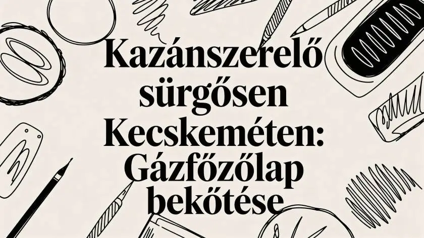 Decorative poster with large bold Hungarian text surrounded by black outline drawings of office supplies (pencil, ruler, eraser, notebook).