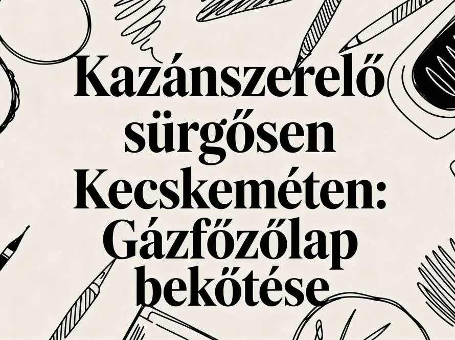 Decorative poster with large bold Hungarian text surrounded by black outline drawings of office supplies (pencil, ruler, eraser, notebook).