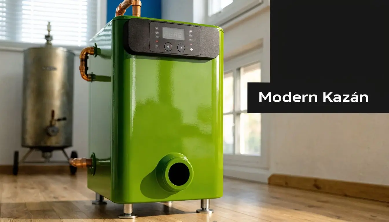 Egy modern, zöld színű elektromos kazán áll a szoba padlóján, háttérben egy régebbi tartályos rendszerrel.