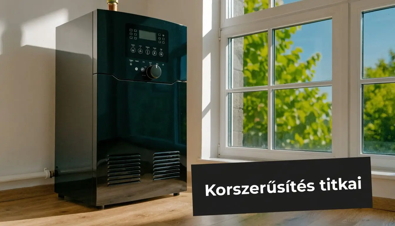 Modern fekete fűtési berendezés egy napfényes szobában, a korszerűsítési lehetőségeket bemutató szöveges felirattal ellátva.