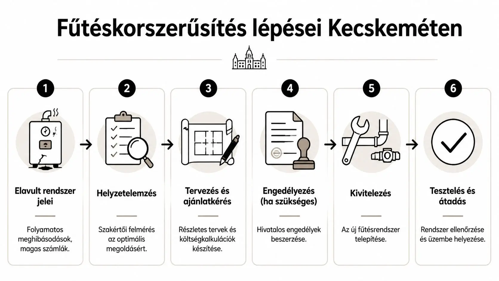 Infografika a fűtésrendszer korszerűsítésének hat lépéséről Kecskeméten, a tervezéstől az új rendszer teszteléséig és átadásáig.