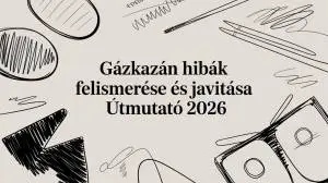 Gázkazán hibák felismerése és javítása Útmutató 2026 – információs borító, körülötte doodle-szerelős eszközök