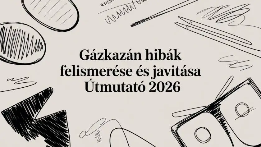 Gázkazán hibák felismerése és javítása Útmutató 2026 – információs borító, körülötte doodle-szerelős eszközök