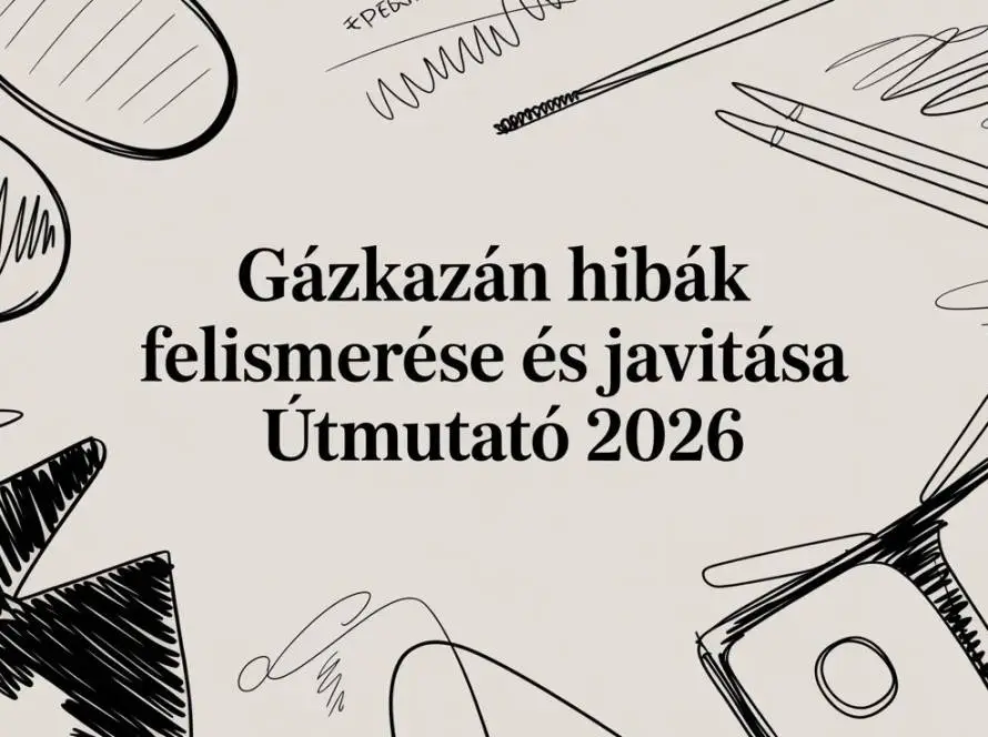 Gázkazán hibák felismerése és javítása Útmutató 2026 – információs borító, körülötte doodle-szerelős eszközök