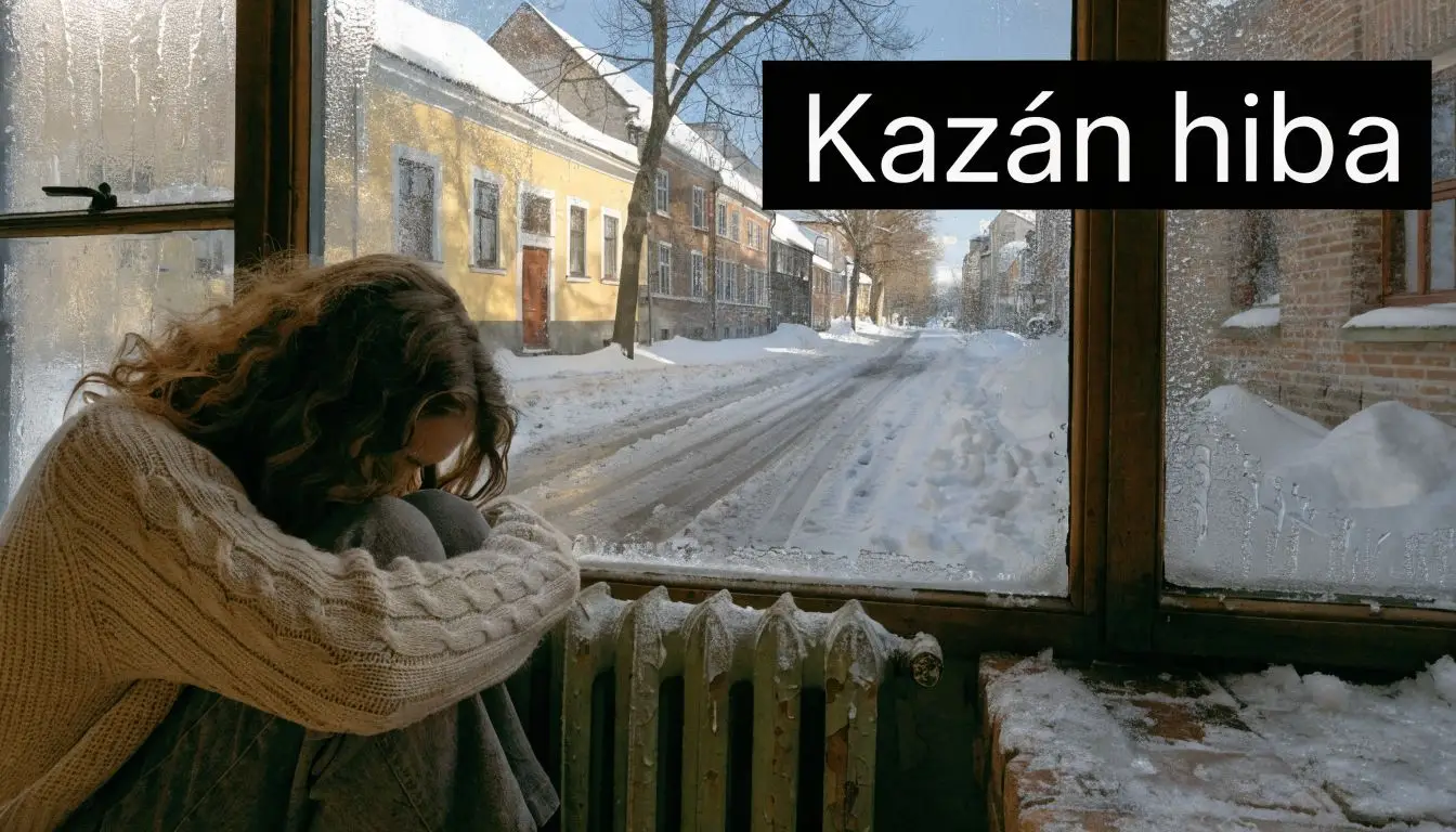 Egy fázó nő a hideg, fagyos ablak mellett ül a lakásban, mert meghibásodott a fűtési rendszere.