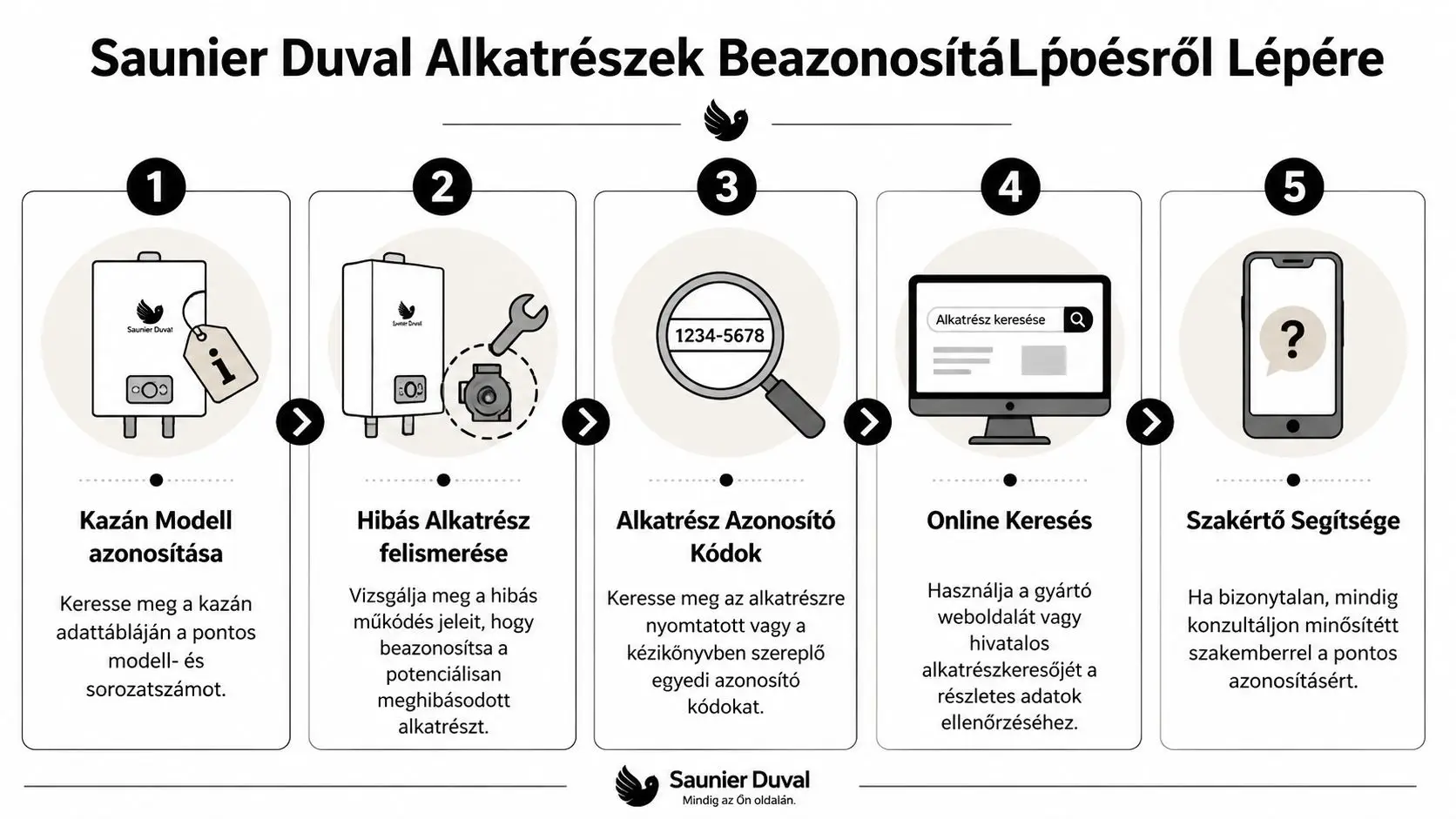 A Saunier Duval kazánalkatrészek beazonosításának öt lépésből álló útmutatója a hibás alkatrész sikeres megtalálásához és kiválasztásához.
