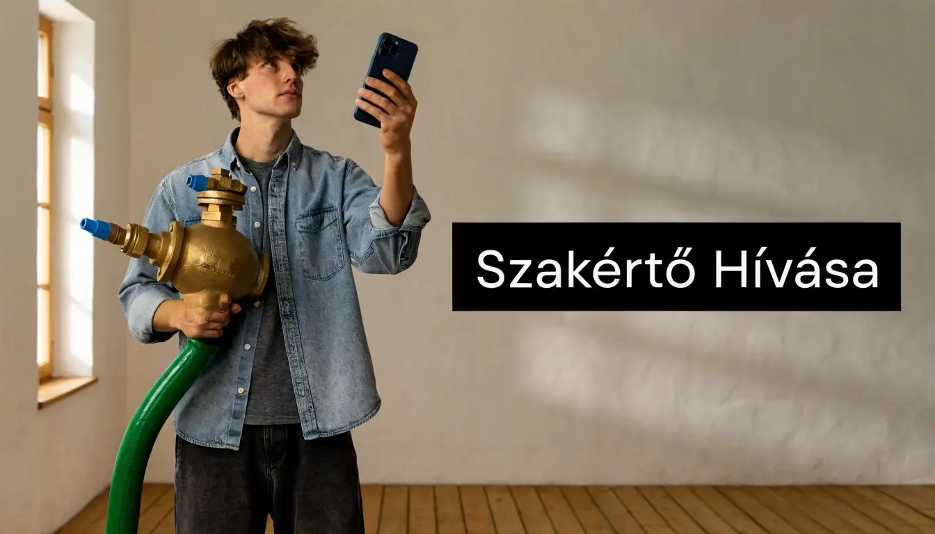 Fiatal férfi szerelő szakember, aki éppen egy fűtési alkatrészt tart a kezében és a telefonján beszél.