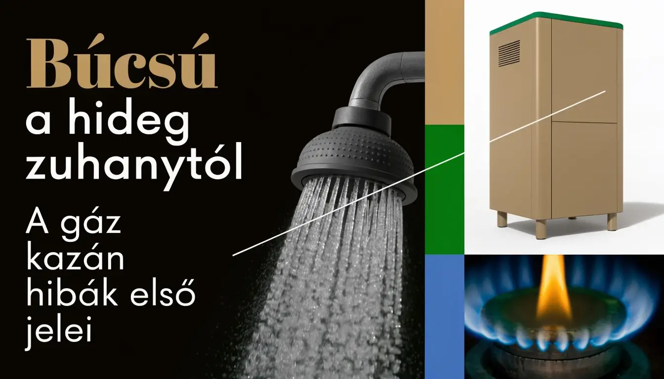 Zuhanyfej vízsugárral és egy gázkazán képe, amely a gázkazán hibák első jeleire hívja fel a figyelmet.