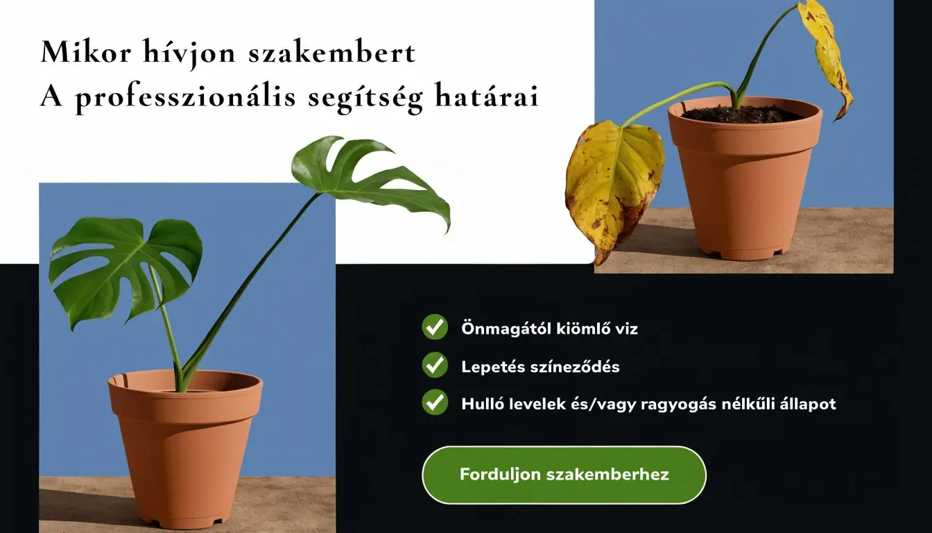 Szakértői segítségre utaló jelek szobanövényeknél, mint a sárguló levelek vagy a növényből szivárgó felesleges víz problémái.