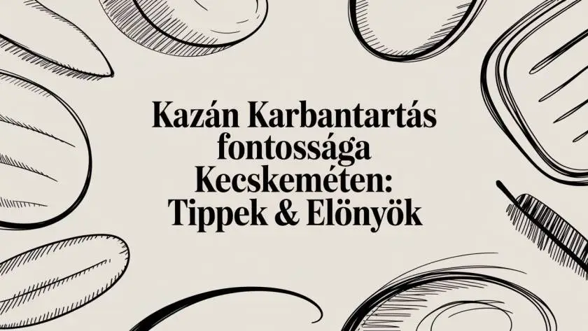 Hungarian article banner: ‘Kazán Karbantartás fontossága Kecskeméten: Tippek & Előnyök’ with hand-drawn kitchen utensils framing the text (informative header).
