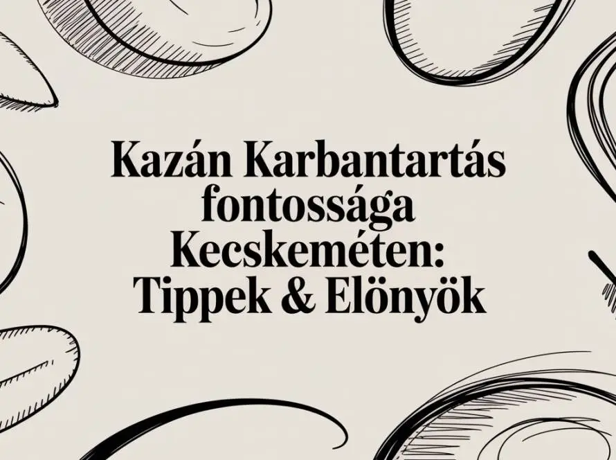 Hungarian article banner: ‘Kazán Karbantartás fontossága Kecskeméten: Tippek & Előnyök’ with hand-drawn kitchen utensils framing the text (informative header).