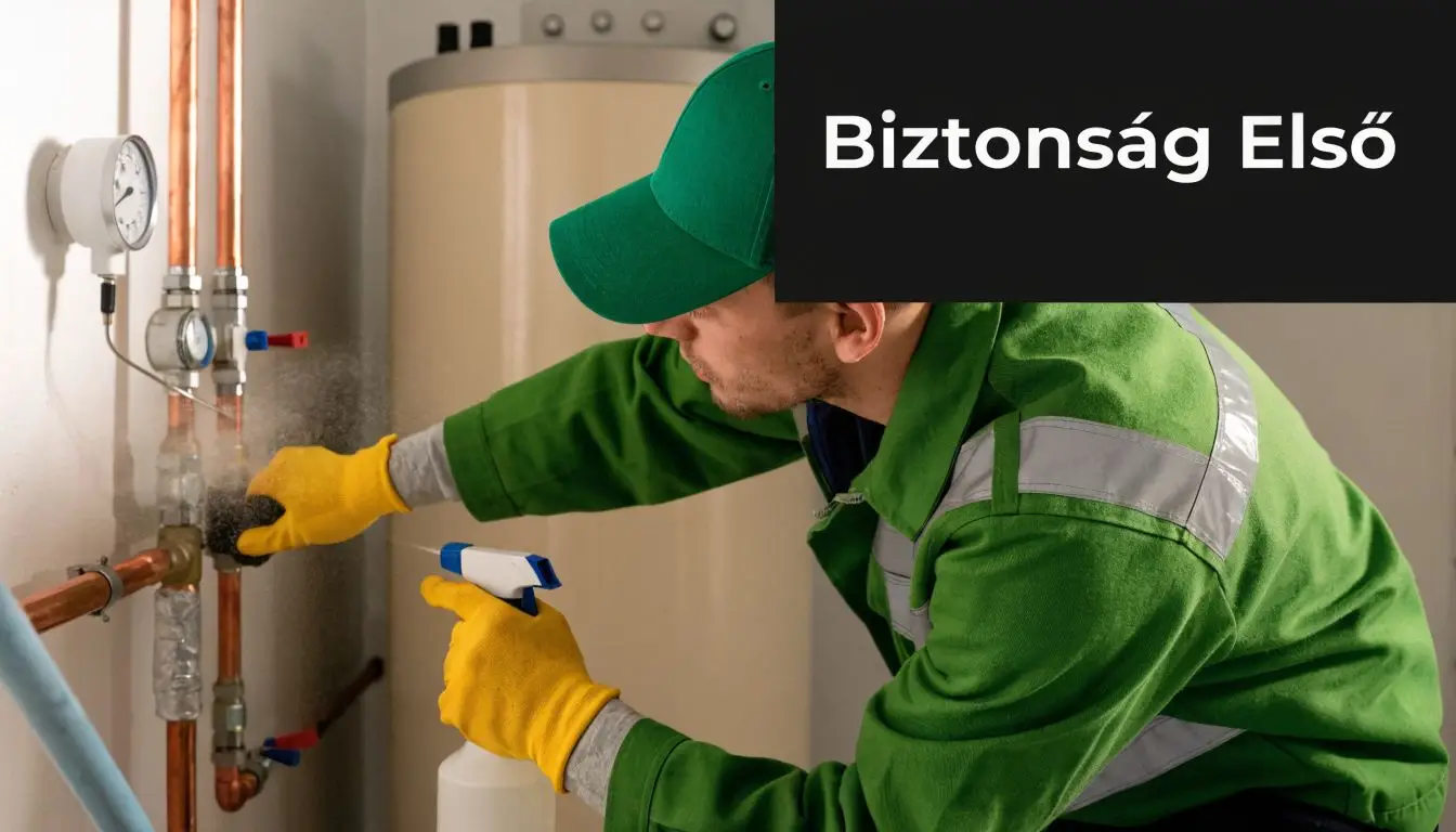 Szakavatott kazánszerelő szakember a munkáját végzi elhivatottan, miközben biztonsági intézkedéseket tart szem előtt a munkafolyamat során.