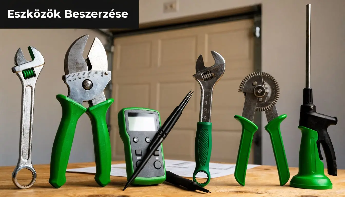 Különféle kéziszerszámok és mérőműszerek rendezetten elhelyezve egy fából készült asztalon a szerelési munkálatokhoz.