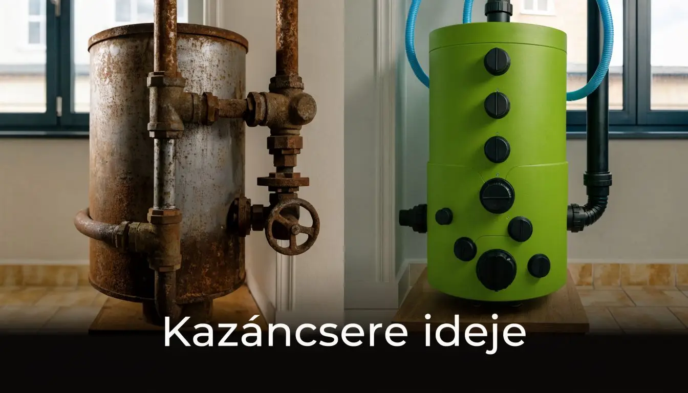 Egy régi, rozsdás ipari kazán és egy modern, új zöld kazán összehasonlítása egy beltéri helyiségben.