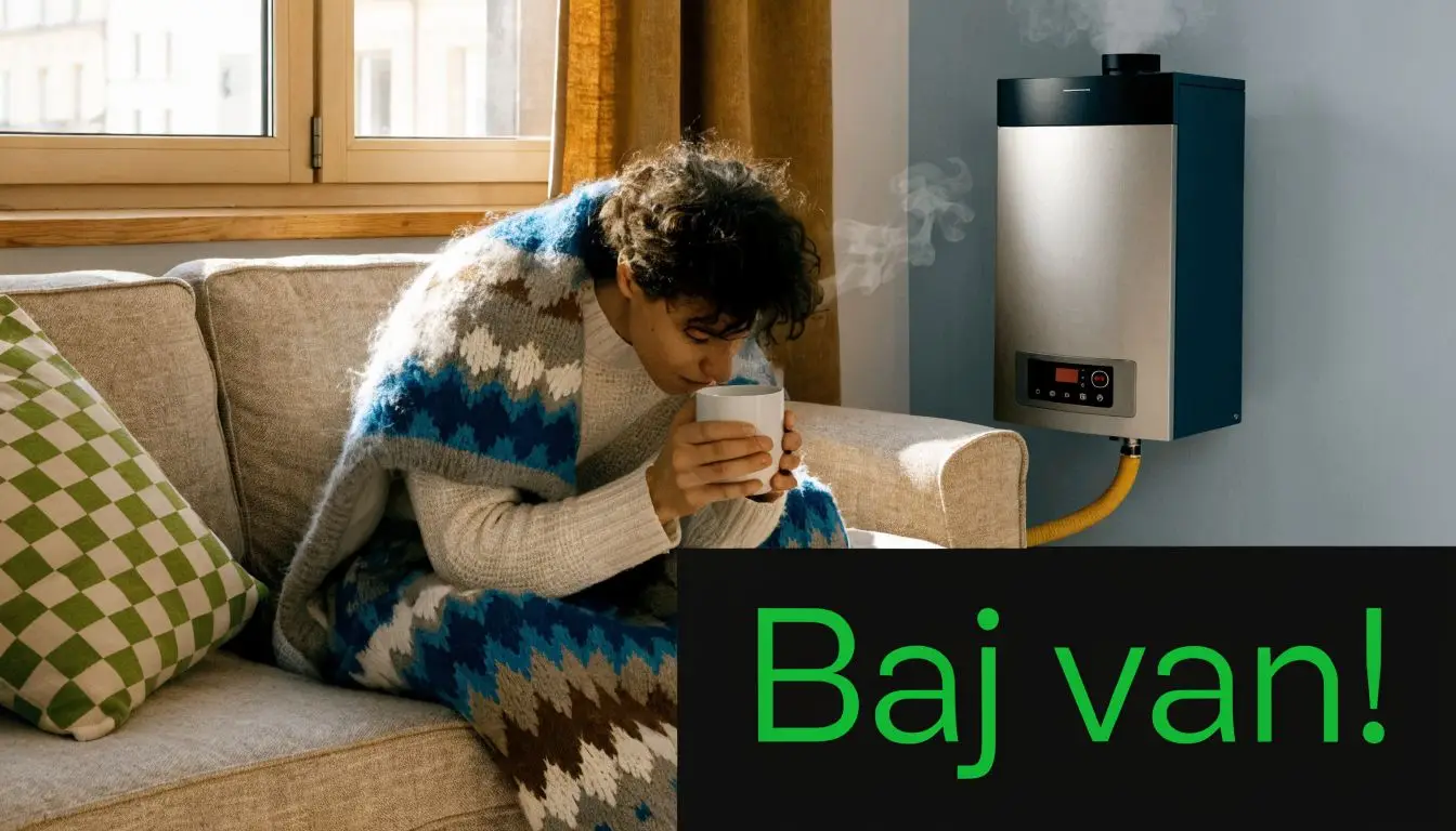Egy fázós ember pokrócba burkolózva ül a kanapén, miközben a lakásban egy gázkazán füstöl és meghibásodott.