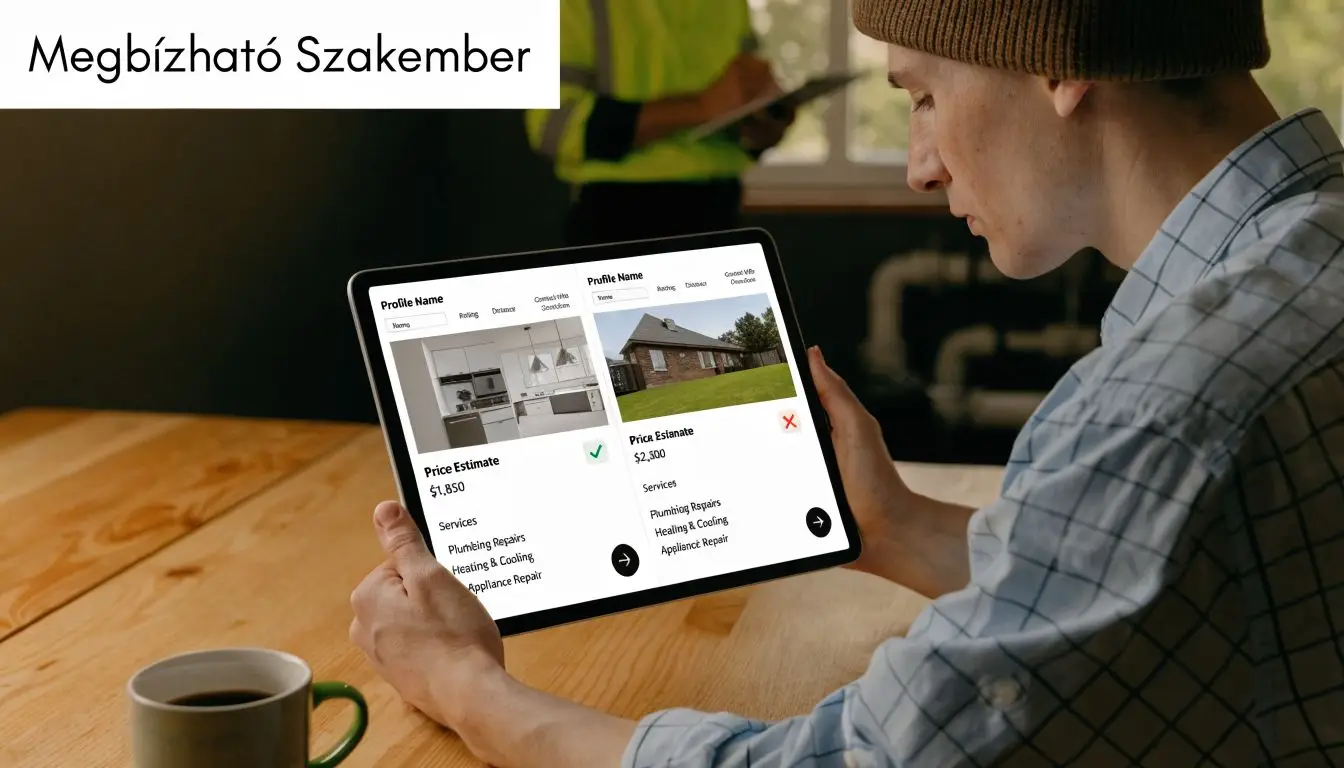 Egy fiatal férfi digitális táblagépen keres víz gáz fűtés szerelő szakembert otthoni javítási munkálatok elvégzéséhez.