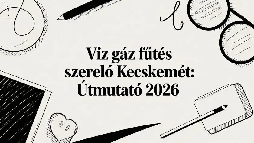 Graphic header with black line-drawing tools surrounding bold Hungarian text: 'Viz gáz fűtés szerelő Kecskemét: Útmutató 2026'—a beige background poster.
