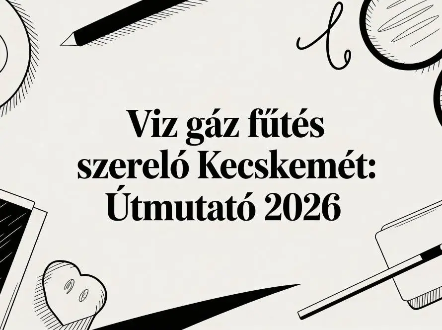 Graphic header with black line-drawing tools surrounding bold Hungarian text: 'Viz gáz fűtés szerelő Kecskemét: Útmutató 2026'—a beige background poster.